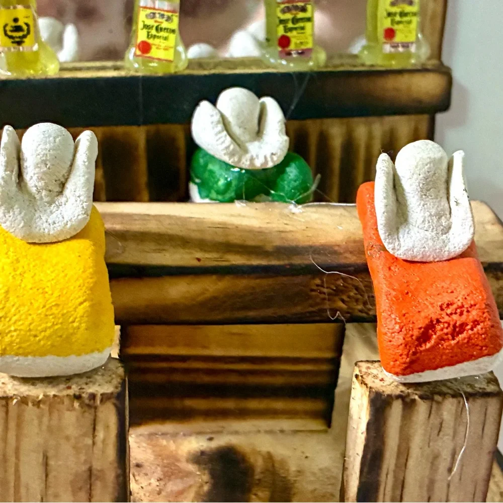 Rustic Mini Bar Wall Keyholder Decor with Yellow, Orange & Green Figures